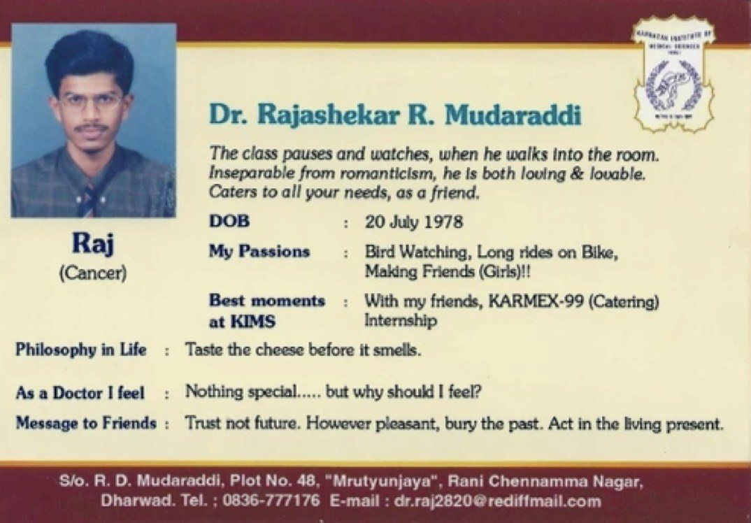 Original 1996 yearbook card for Dr. Rajashekar R. Mudaraddi